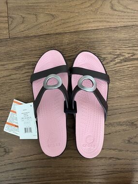 CROCS Pink Footbed Black Strap Silver Ring Casual Sandals